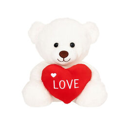 White Teddy bear hugging a red love heart 30cm