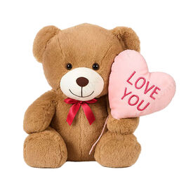 Bear with heart-shaped balloon, light brown, 20 cm